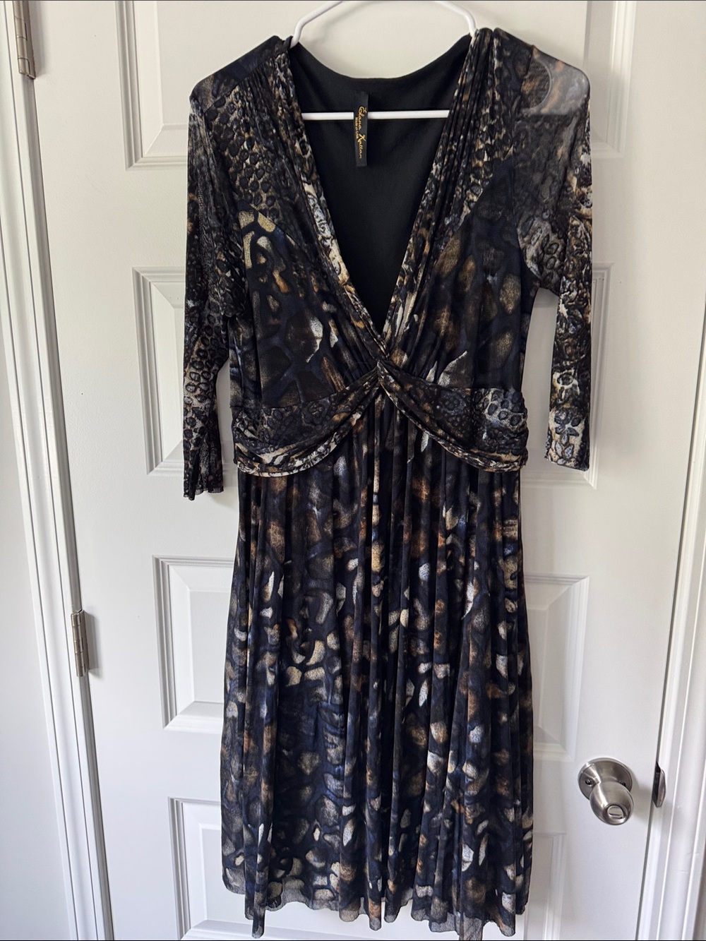 Printed Black and Brown Midi Wrap-Style Dress